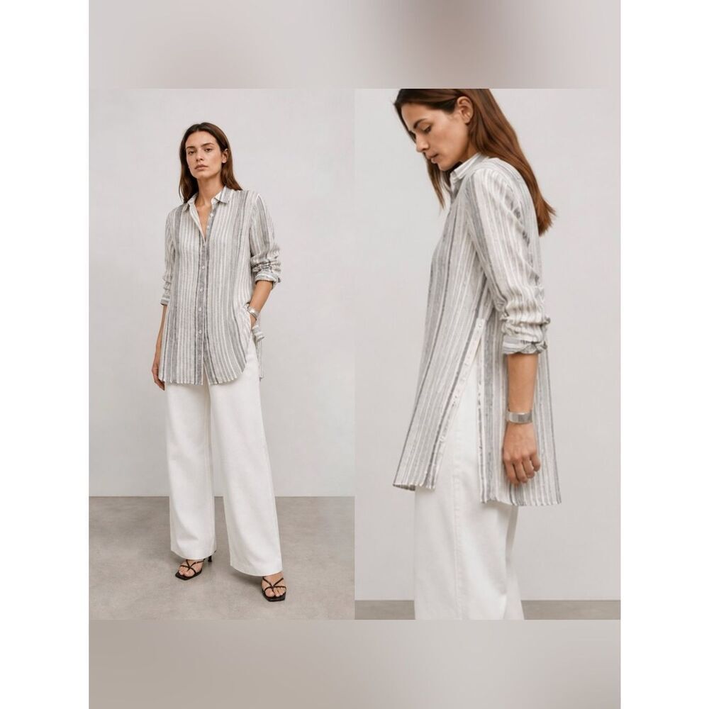 NWT Lafayette 148 linen button down stripe shirt with side button detail